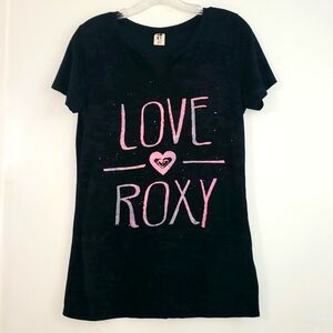 Roxy Graphic Womens Juniors Black Pink V-neck Short Sleeve T-shirt